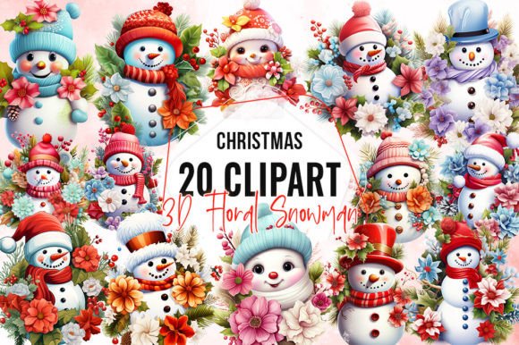 3D Christmas Floral Snowman Clipart: Illustrations