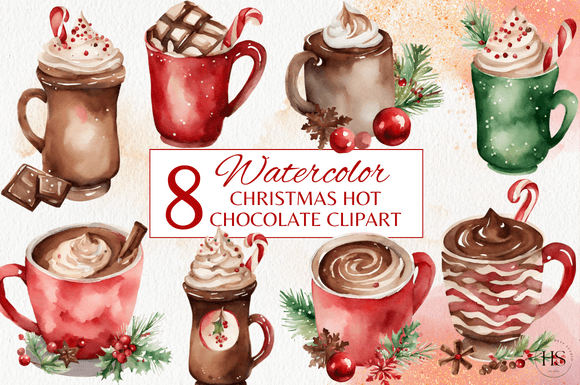 8 Watercolor Christmas Hot Chocolate Set Illustrations