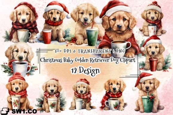 Christmas Baby Golden Retriever Dog PNG: Festive Illustrations