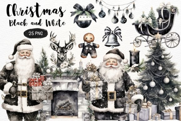 Christmas Black and White Watercolor PNG: Illustrations
