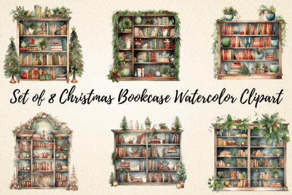 Christmas Bookcase Watercolor Clipart & Illustrations