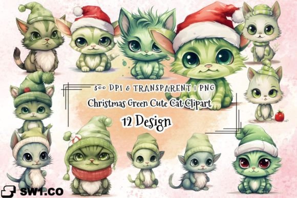 Christmas Green Cute Cat Clipart PNG: Illustrations