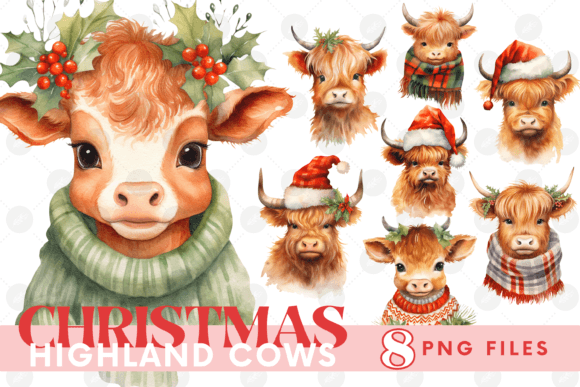 Christmas Highland Cows Clipart Bundle: Illustrations