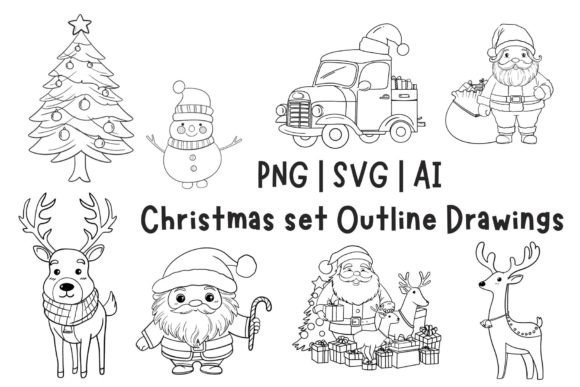 Christmas Set Outline Drawings: Festive Illustrations