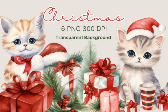 Cute Christmas Cat Watercolor Clipart & Illustrations