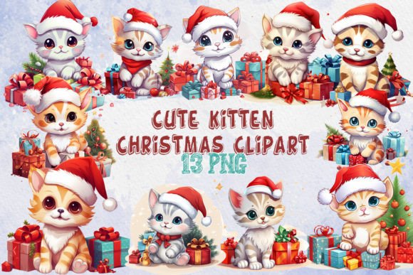 Cute Kitten Christmas Clipart for Illustrations