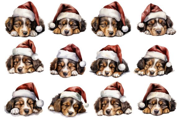 Cute Sleep Dog Christmas Watercolor Clip Art Illustrations
