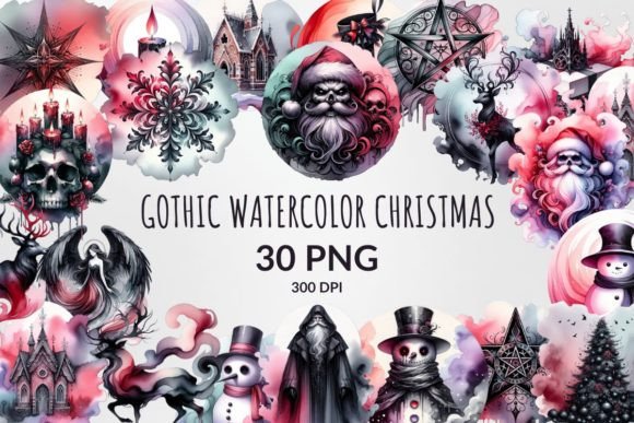 Gothic Watercolor Christmas Sublimation Illustrations