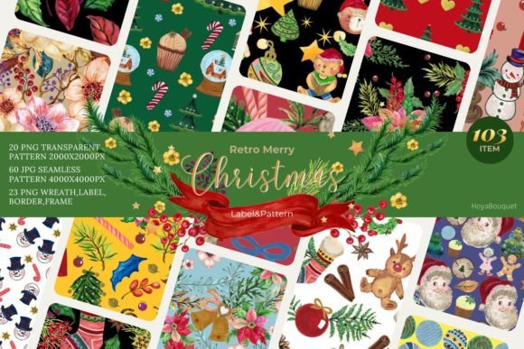 Retro Christmas Label & Pattern Illustrations