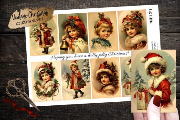 Vintage Christmas Girl ATC Collage Sheet Illustrations