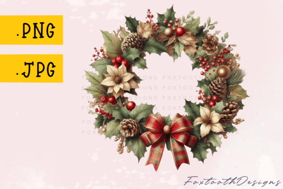 Vintage Christmas Wreath with Bow Illustrations