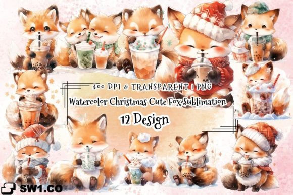 Watercolor Christmas Fox Clipart & Illustrations