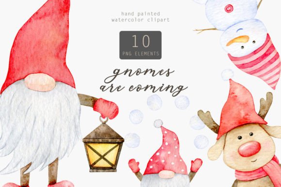 Watercolor Christmas Gnome, Deer Snowman Illustrations