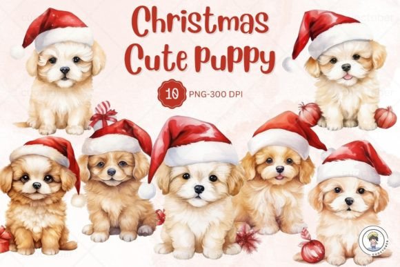 Watercolor Christmas Puppy Clipart: Illustrations