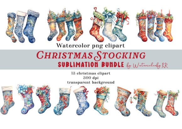 Watercolor Christmas Stocking Bundle Illustrations