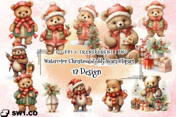 Watercolor Christmas Teddy Bears Clipart & Illustrations