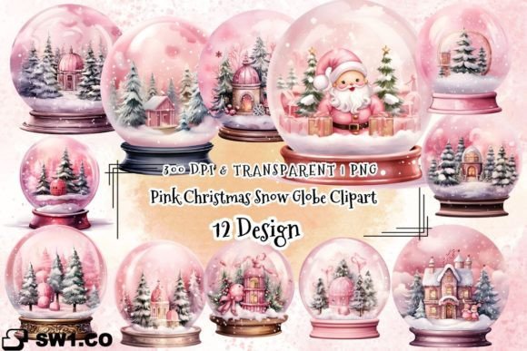 Watercolor Pink Christmas Snow Globe Illustrations Review