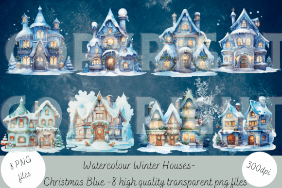 Watercolour Christmas Houses - Blue Illustrations