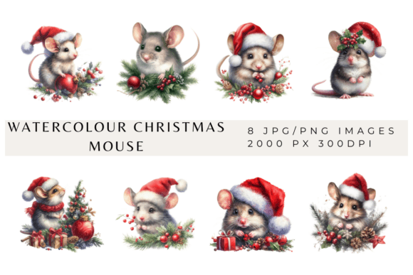 Watercolour Christmas Mice Graphics: Illustrations